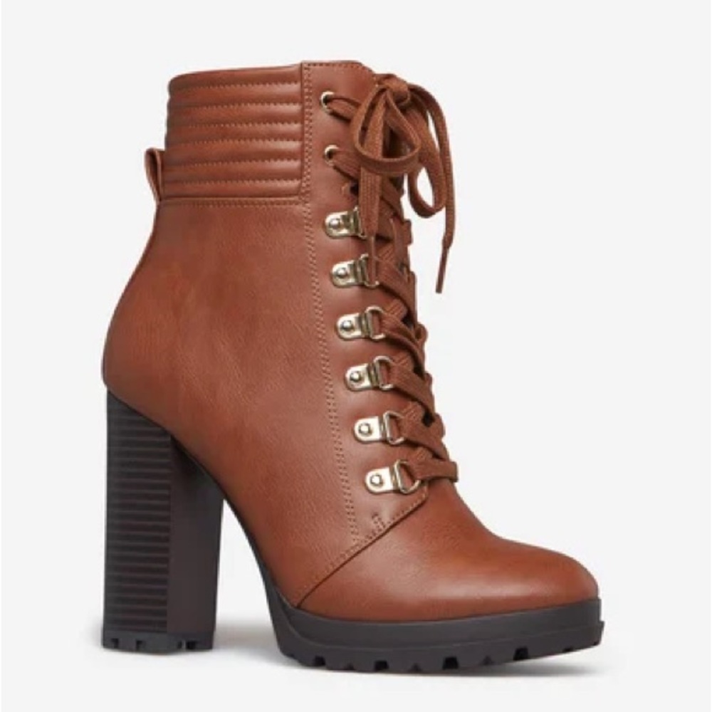 Brown Lace Up Block Heel Booties Size 8 Extra Wide Width